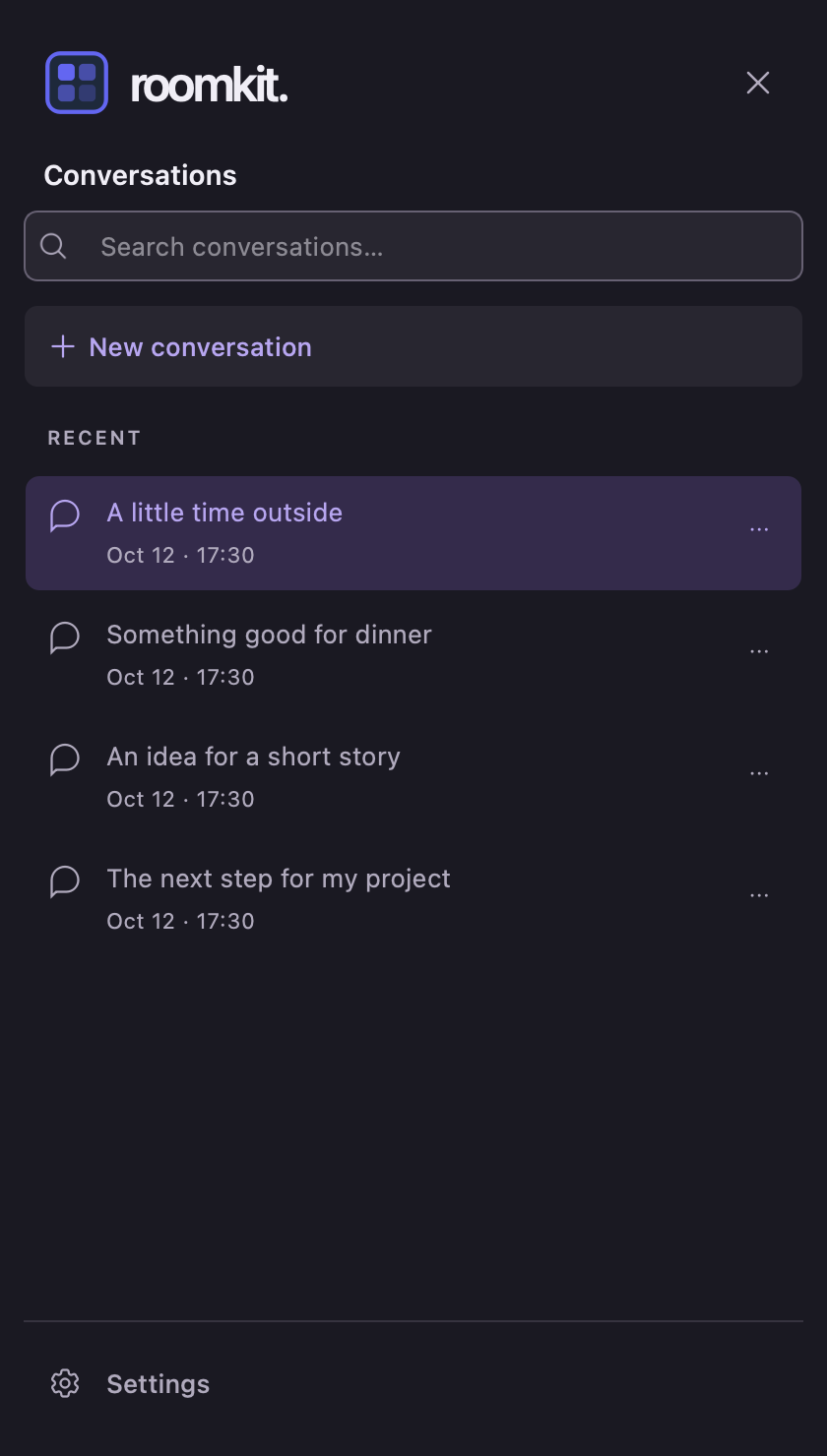 The conversation sidebar with recent threads, search, and controls to rename or delete a conversation.