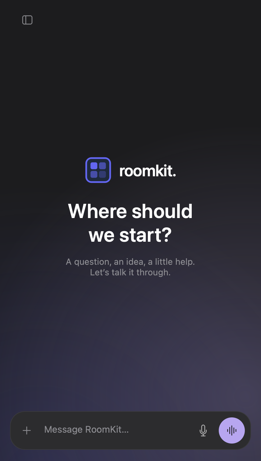 RoomKit UI's welcome screen, with the roomkit. wordmark and a conversation input.