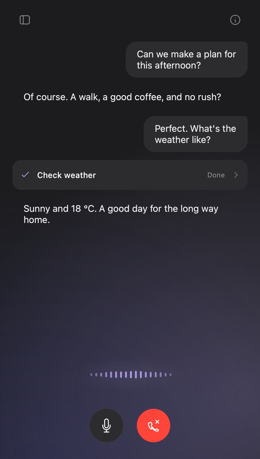 A Live conversation in RoomKit UI: the assistant checks the weather with a tool and answers in the same thread.